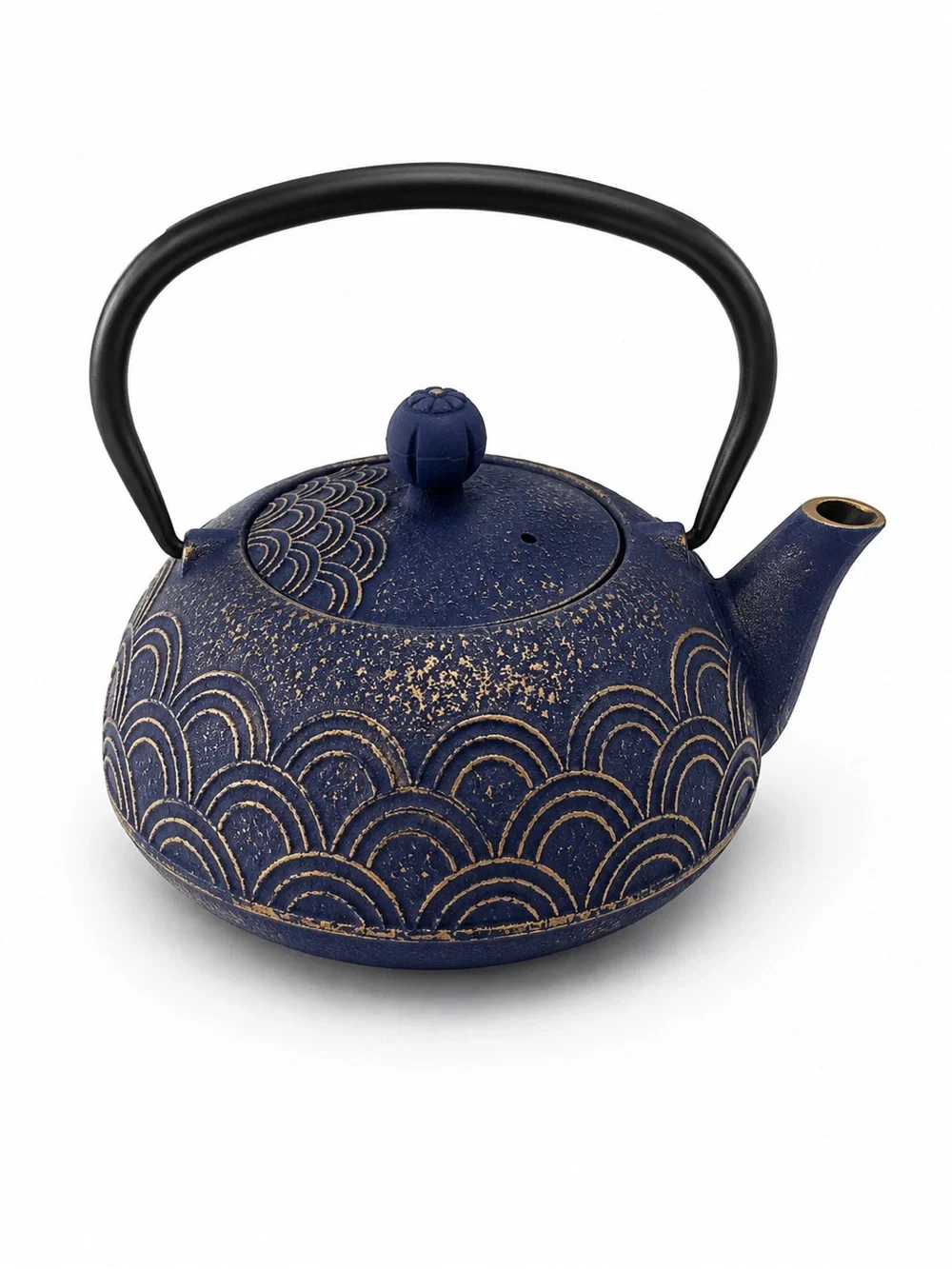 Blue Cast Iron Teapot with Gold Accent - Home Art